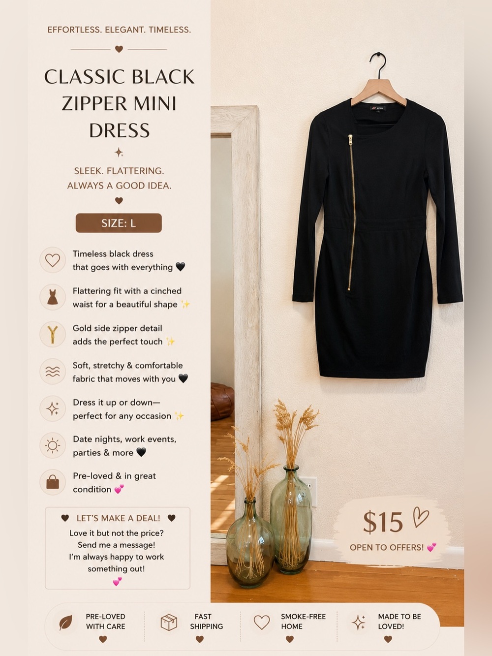 Classic Black Zipper Mini Dress - Black